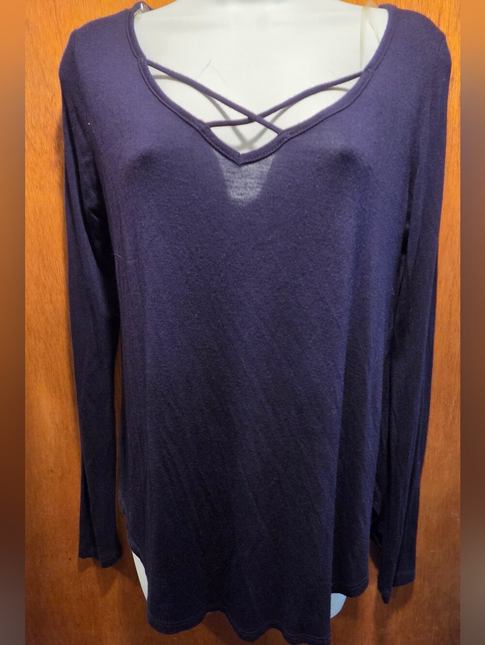 Bozzolo Navy Crisscross Neck Long Sleeve Tee SzM - Picture 3 of 8